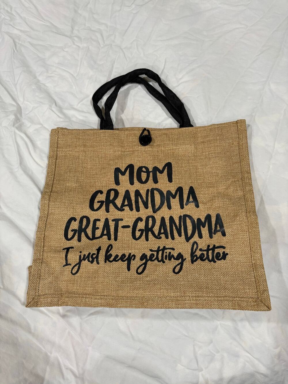 NWOT Burlap Hemp Jute Great Grandma Tote Bag